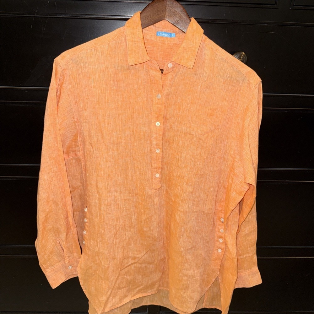 J. McLaughlin 100% Linen‎ Coral Orange Fallon Tunic Blouse Size S Popover